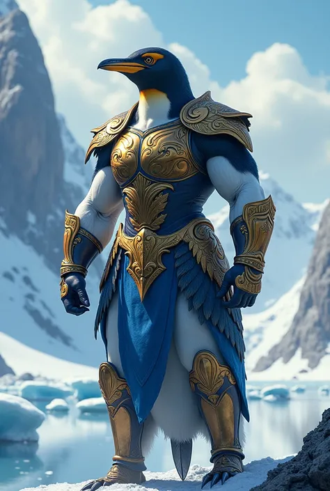 Image of a super muscular female penguin with strong arms and gladiator armor
