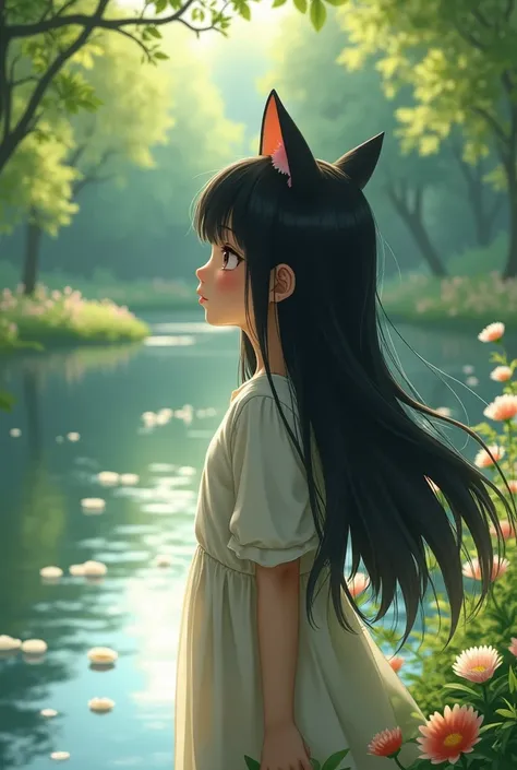 girl with black hair and cat ears  naked  backview