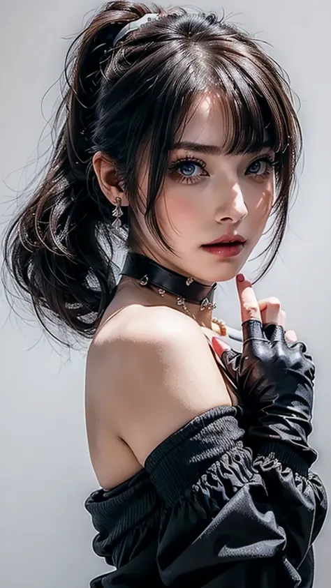 ((Beautiful Face:1.4)), (Purelos Face_v1: 1.0), Half Body,((White simple background)),one person, return,((Natural Big Breasts:1.0)), (Beautiful Japanese Women),bangs, Exposing shoulders, black gloves, Blue eyes, Braiding, choker, Earrings, fingerless glov...