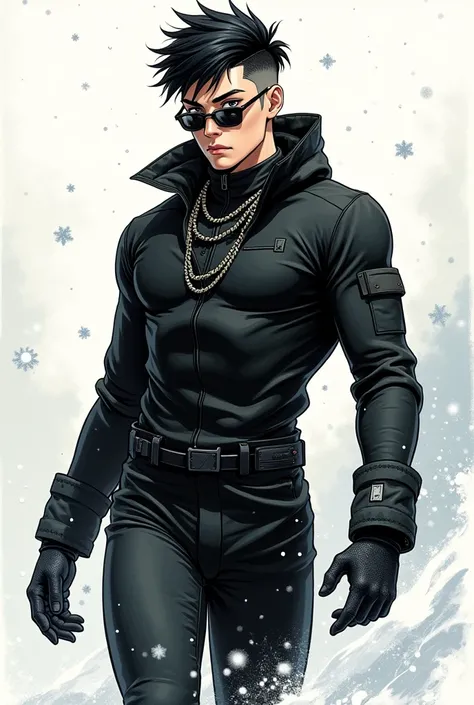 (black and white) Create a character for RPG, estilo mangá 80s, (sleek), Youngh,  Cao Cao, Athletic, strong bodie, (detailed attire) black snow suit, very short hair, (character accessories) glasses and army necklace, (dynamic pose) showing action or conce...