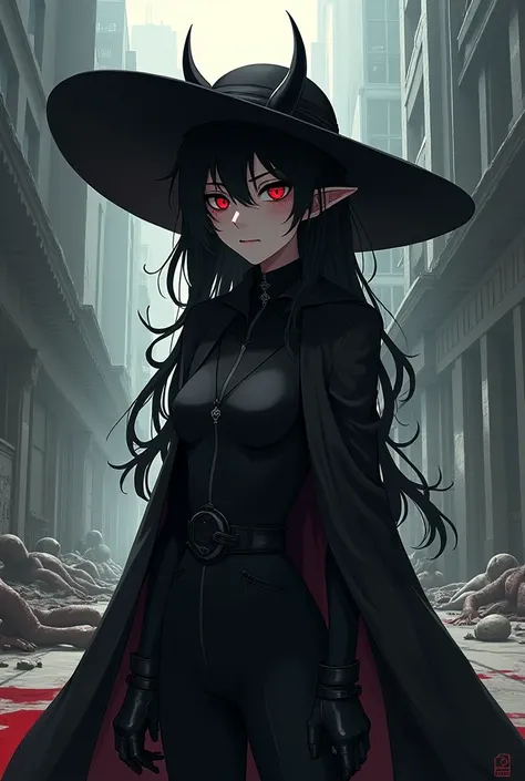 "A digital illustration of an anime character with a dark, gothic style. The character wears a black wide-brimmed hat with small horns, has long black hair with a slightly messy texture, and is dressed in a sleek, black outfit with a high-collared cloak. T...