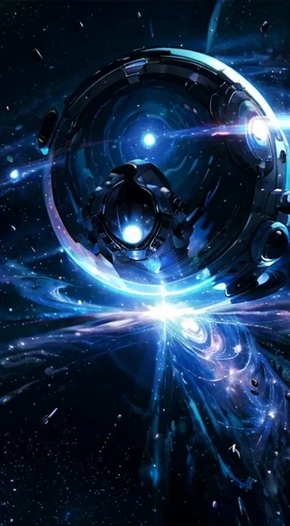 Black hole, view from spaceship, cool, man in space suit, helmet off, black hair, big window, blue lights