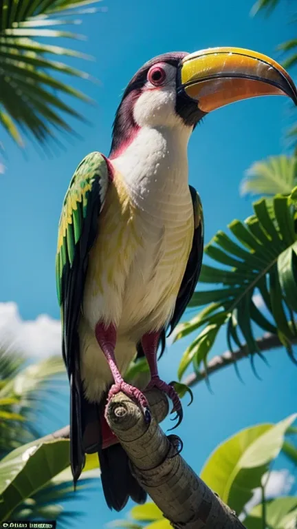 A vibrant and exotic toucan with a radiant pink plumage, showcasing a mesmerizing beak featuring a striking color gradient of pink, yellow, and cyan hues, culminating in a sharp black tip, set against a pair of piercing blue eyes, with intricately detailed...