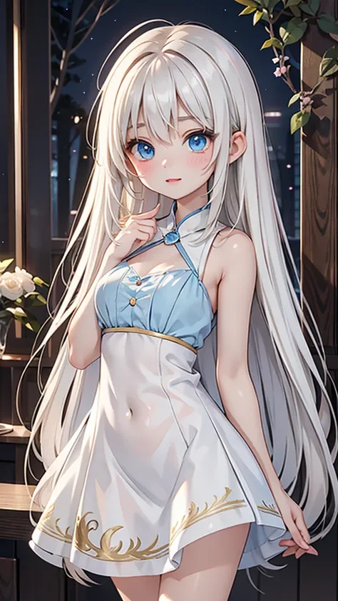 Late 20s European woman、Anime-style illustrations。Short stature with a youthful appearance、Fair skin。Short stature with a youthful appearance、Long, bright golden-white hair、Big Blue Eyes。Delicate and slender figure。Wearing a fairy-like elegant dress。Cute e...