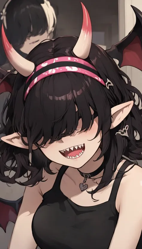 rosto detalhado, grandes olhos, sharp teeth, hair over eyes, hairband, demon horns, demon wings, long hair, pointy ears, elf, bl...