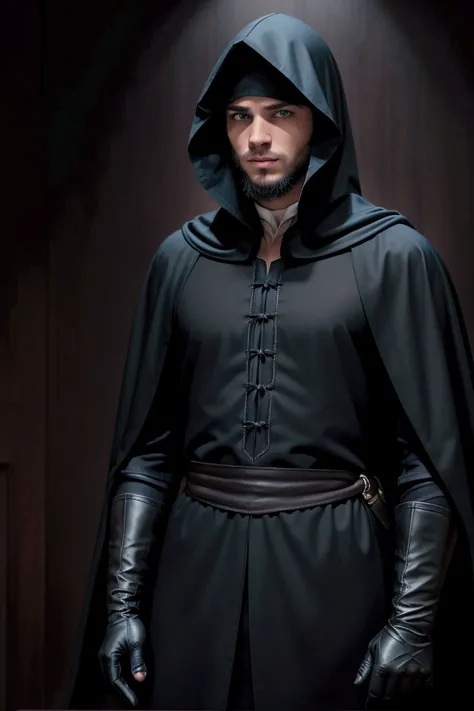 a young handsome european man black hair short beard blue eyes wearing a black noble cloth with hood cover his head with black gloves with a in the council meeting room at night with picture of a king on the wall, cinematic