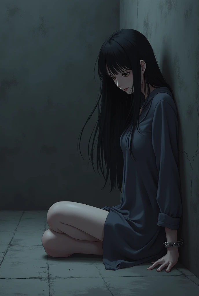 Young woman sitting on the floor of a gray cell with her right hand chained up,  simple anime style looking down, dark front view 