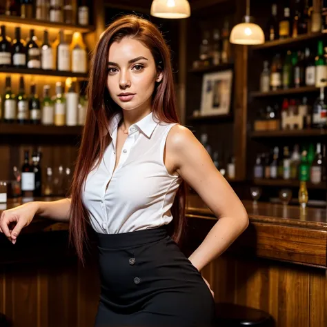 Whole body Italian woman, 18 year old, medium red straight hair side hairstyle, medium bust, big butt, posing long from front in the photo, sleeveless and unbuttoned white shirt, black tube skirt, pantyhose, high heels, standing in a bar, detailed face, wh...