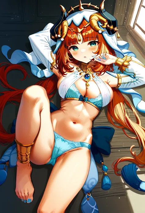  genshin_impact nilou_(breeze_of_sabaa)_(genshin_impact) nilou_(genshin_impact) absurdres commentary_request highres paid_reward_available partial_commentary 1girl aqua_eyes arm_up bare_legs blue_bow blue_bra blue_panties blue_sleeves blush bow bra breasts...