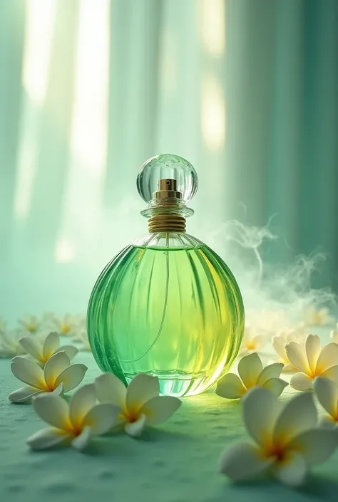 long exposure photo of a{perfume bottle from ice glass content mint liquid a quarter part(accurate prompt:1.8)sprayed a mint-yellow fog(green to yellow gradation:0.7), sprayed to ivory jasmine petal(jasmine:1.8)}in motion, mint vapor sprayed, vertical angl...