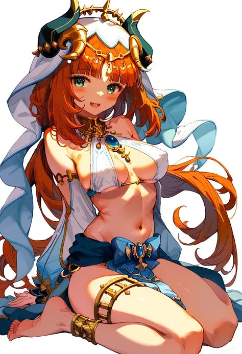 nilou_(genshin_impact) absurdres highres 1girl ;d aqua_eyes arms_up barefoot bikini breasts jewelry leg_up long_hair looking_at_viewer medium_breasts navel one_eye_closed open_mouth red_hair simple_background sitting smile solo stomach swimsuit thighlet th...