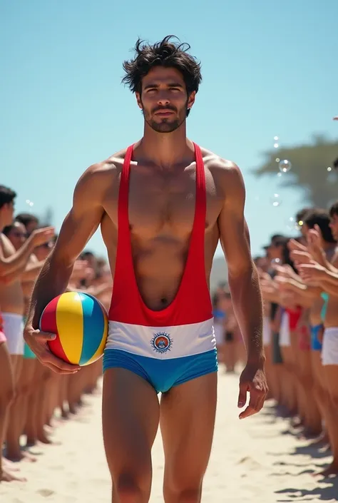 A handsome 27-year-old tall white young man in a mens fashion show on the beach shore wearing a de bandera paraguay swimsuit with a beach ball in his hand. Many people applaud him and bubbles are around him. Tight boxer shorts in the colors De paraguay roj...