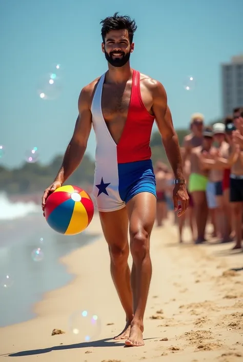 A handsome 27-year-old tall white young man in a mens fashion show on the beach shore wearing a de bandera paraguay swimsuit with a beach ball in his hand. Many people applaud him and bubbles are around him. Tight boxer shorts in the colors De paraguay roj...