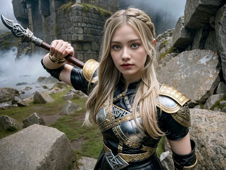 "Create a full-length image of Valkyrie, a mythical warrior woman from Norse mythology. She should have a Scandinavian appearance with blue eyes and white hair. Valkyrie is dressed in golden armor decorated with Scandinavian patterns. She stands on a large...