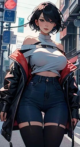 night city , 1 woman , goth woman , tall woman, yellow short hair , blue eyes, makeup , huge breasts , white thin shirt , black off-the-shoulder jacket , wide hips , high waisted short jean pants , long legs wearing black stockings