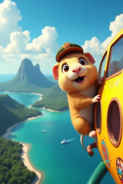 Create an animated guinea pig climbing on top of a plane that is going to Panama 
