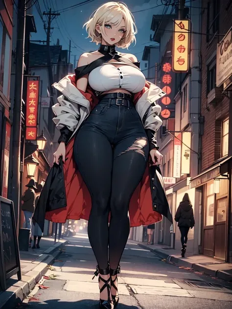 night city , 1 woman , goth woman , tall woman, yellow short hair , blue eyes, makeup , huge breasts , white thin shirt , black off-the-shoulder jacket , wide hips , high waisted short jean pants , long legs wearing black stockings, a beautiful woman Big b...