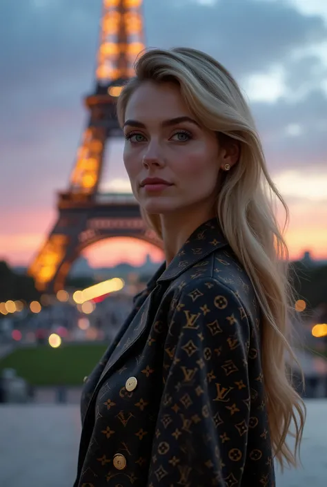 Beautiful 24 year old blonde girl with blue eyes and big breasts at the foot of the eifel tower dressed elegantly dressed louis vouiton extremely detailed, realistic, photorealistic, high quality, 4k, 8k, masterpiece, ultra detailed, vivid colors, HDR, lig...