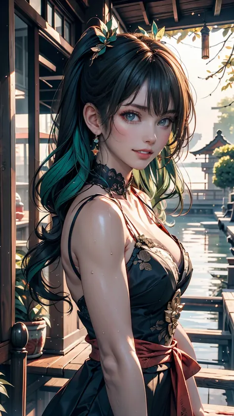 One person, alone, hair ornaments, Green Hair, Twin tails, Long Hair, dress, water,, Mid shot portrait photography (Farzan) From Genshin Impact,, Dark Fantasy Background, Charming grin., By Greg Rutkowski and Walt Disney、Extremely realistic, highly detaile...