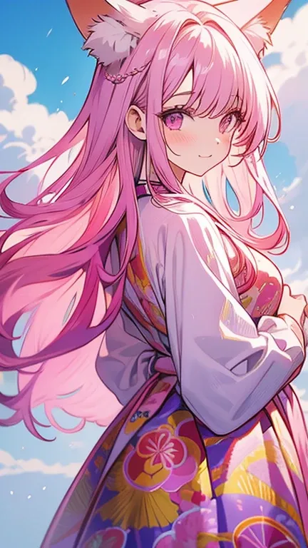 An adult woman with long pink hair with fox ears. Wears an elegant Hawaiian pink dress. She must be wearing purple leggings.