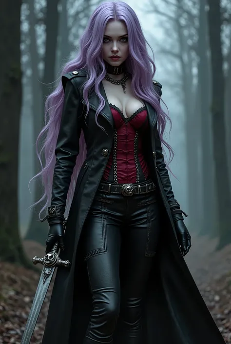 Illustrating Marionne, the demon huntress, She has long wavy lilac violet hair and gray eyesclad in a form-fitting black leather outfit, comprising a wine leather trench coat, a snug red corset embellished with belts and chains, coordinated pants, long lea...