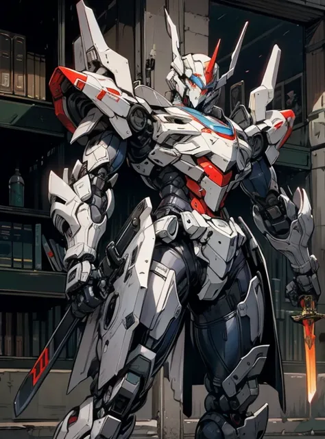 this is a robot man who is wearing grey and white armor and holding a sword, mecha, robot, no humans, science fiction, solo