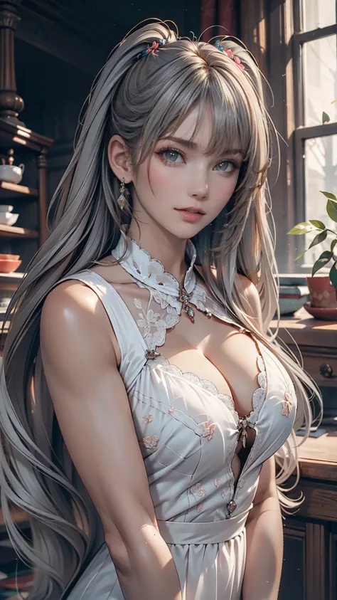 (masterpiece, Highest quality, High resolution: 1.2), 1 person, alone, Twin tails, Grey Eyes, Upper Body, dress, Silver Hair