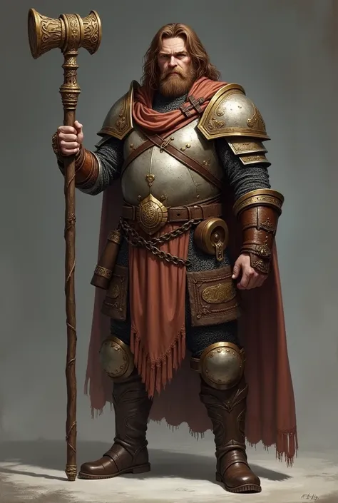 Adult RPG character with brown hair, cleric with light leather and chainmail armor, with a small hammer on their belt and holding a holy staff ( no magic or light emanating, just the character with the accessories and gray background).