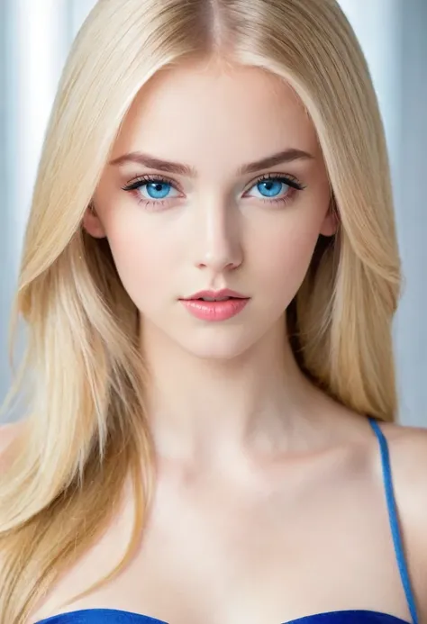 blonde teen, attractive and seductive expression, blonde straight hair, forehead, blue eyes, superlative body proportion, wearin...