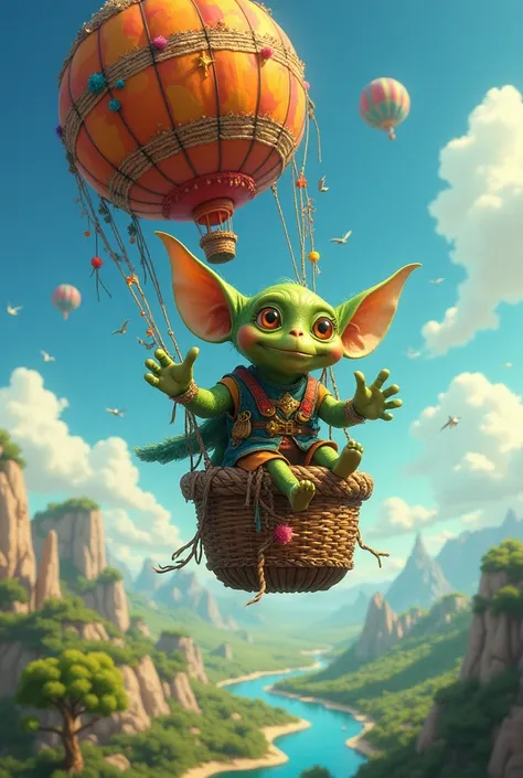 A green-skinned goblin flying in a small hot air balloon