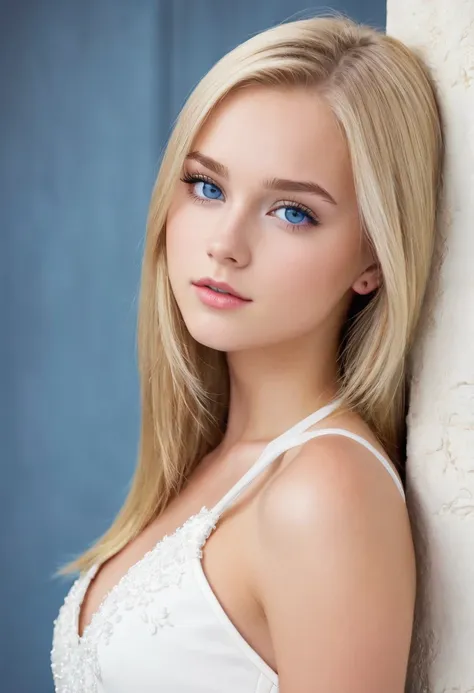 blonde teen, attractive and seductive expression, blonde straight hair, forehead, blue eyes, superlative body proportion, wearin...