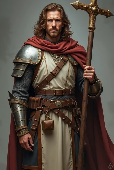 Adult RPG character with brown hair, cleric with light leather and chainmail armor, with a small hammer on their belt and holding a holy staff ( no magic or light emanating, just the character with the accessories and gray background).