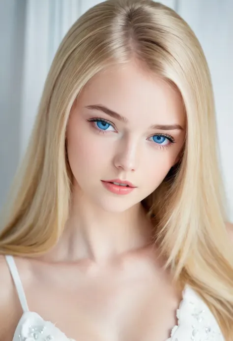 blonde teen, attractive and seductive expression, blonde straight hair, forehead, blue eyes, superlative body proportion, wearin...