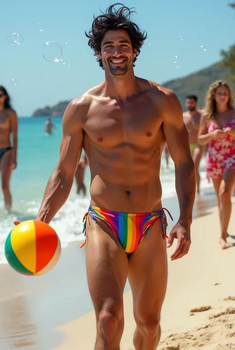 A handsome 27-year-old tall white young man in a mens fashion show on the beach shore wearing a de arco iris swimsuit with a beach ball in his hand. Many people applaud him and bubbles are around him. Tight boxer shorts in the color arco iris flag. Unshave...