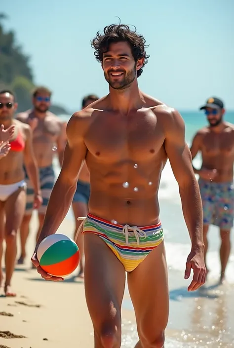 A handsome 27-year-old tall white young man in a mens fashion show on the beach shore wearing a de arco iris swimsuit with a beach ball in his hand. Many people applaud him and bubbles are around him. Tight boxer shorts in the color arco iris flag. Unshave...