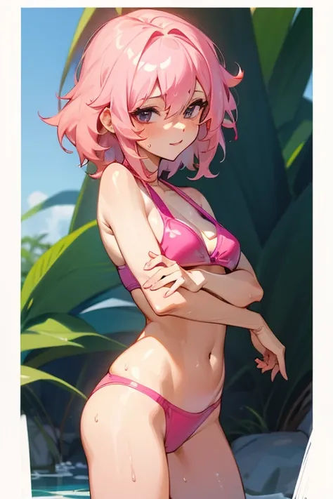 Sexy girl, ashido mina, pink hair, wet skins, nice hair, short bikini, 