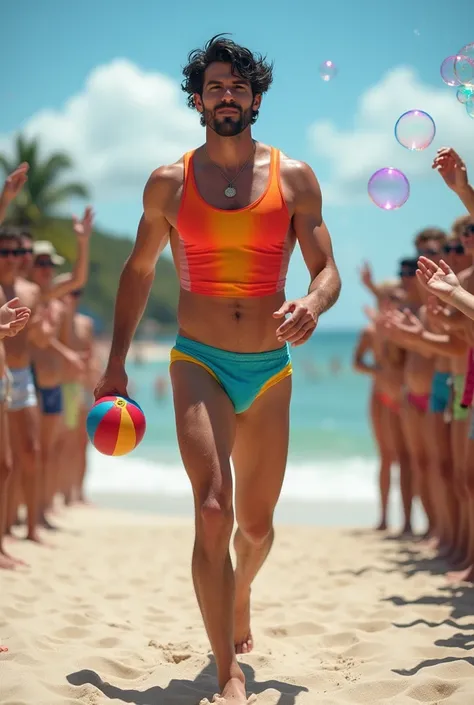 A handsome 27-year-old tall white young man in a mens fashion show on the beach shore wearing a de arco iris swimsuit with a beach ball in his hand. Many people applaud him and bubbles are around him. Tight boxer shorts in the color arco iris flag. Unshave...