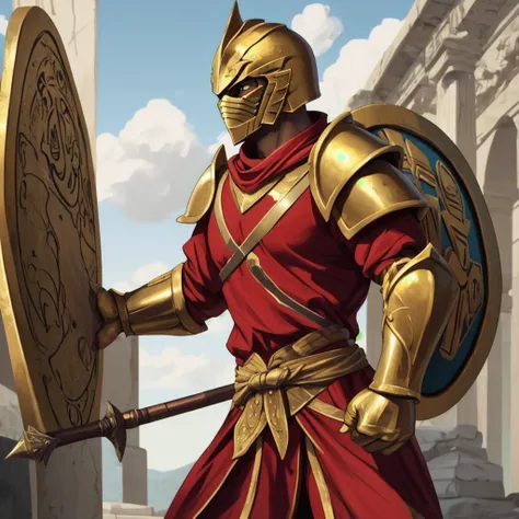 ancient greece warrior strong warrior, golden armour, red garment, holding a shield and a spear.