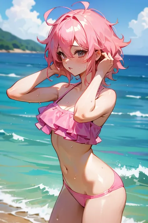 Sexy girl, ashido mina, pink hair, wet skins, nice hair, short bikini, 