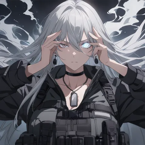 sovetsky_soyuz, grey hair, long hair, earrings, choker, dog tag necklace, tactical, pouches, webbed belt, tactical jacket, grey ...