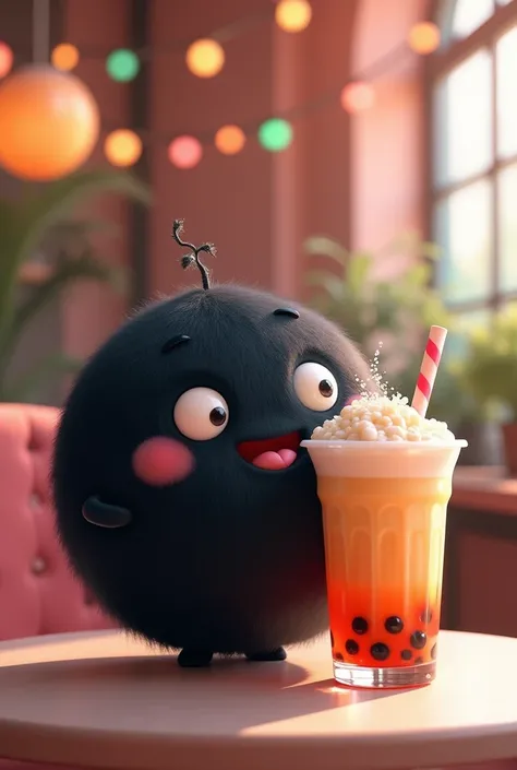 Make me a picture of a black circular tapioca with a face drinking bubble tea 