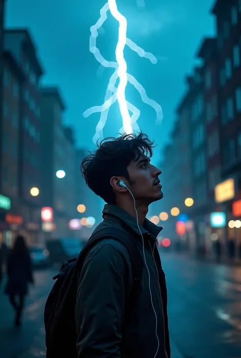 A lightning bolt striking a young man on the street while he listens to music