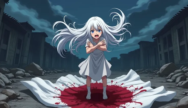 An anime featuring a white-haired girl screaming next to a bloody, torn Japanese flag. 
