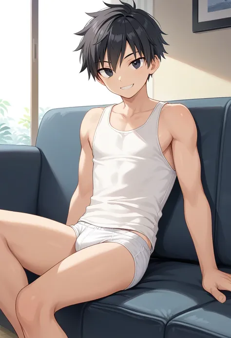 1girl, solo, tomboy, 20yo, straight hair, short hair, black hair, score_9, black eyes, white tank top, white male underwear, sitting, sofa, indoors, looking at viewer, smile