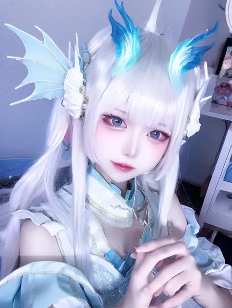 Anime style images, a woman in a blue dress and One-stop service headgear, One-stop service, White-haired god, Full body fairy, Dragon Girl Portrait,