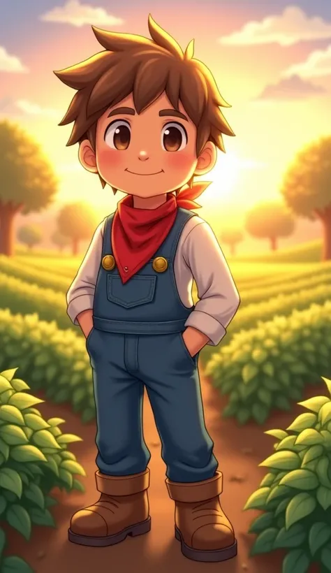 
Pete stands in the middle of his farm, exactly as he appears in Harvest Moon: Back to Nature. He wears his iconic blue overalls, a white shirt, and brown boots, with his signature red bandana tied around his neck. His brown hair is slightly tousled, and h...