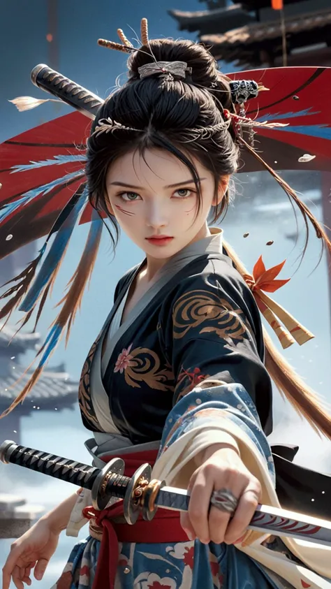 (Japanese sword &reference;Muramasa 2&reference;.2)Beautiful 27 year old woman、Japanese women、Tie your hair back、Hair ornament artist、Shinobi Costume、Warrior、Clear Eyes、{Arm tattoo(SakuraFubuki}&#39;Back Tattoo、Warrior、(Japanese swordを両手で構える、1.3)(Japanese ...