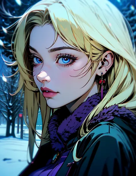 hyper-realistic portrait of a mysterious and elegant woman with flowing soft highlighted blonde hair, piercing ((purple eyes)), little smile and a elegant overcoat, heavy winter (snowing), para trás, olhando para trás, tronco, (Fundo de neve), (roupas de i...