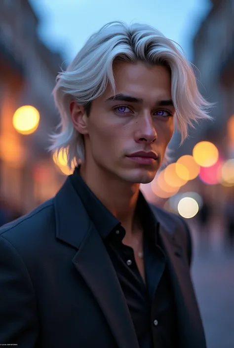 (photorealism:1.2), beautiful man, 24-years-old, has chin length white hair, purple colored eyes.