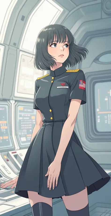 (highest resolution, distinct_image), best quality, masterpiece, highly detailed, semi realistic, a woman with short black hair, mature woman, triple bangs, black uniform, black pleated skirt, military uniform, spaceship space, control room, commander